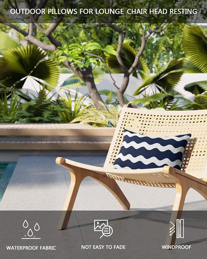 Outdoor Pillows Covers with Inserts Navy Blue Wavy Stripes Waterproof Recliner Pillow with Adjustable Strap Throw Pillows for Patio Furniture Pool Lounge Chair, 11x16 inch, 1PCS