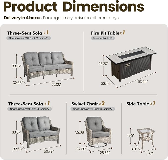 6 Piece Patio Furniture Set with Fire Pit Table, Conversation Sets with High Back Swivel Rocker Chairs, Outdoor Wicker Sofa Loveseat with Comfy Cushion for Backyard Deck Garden, Dark Gray