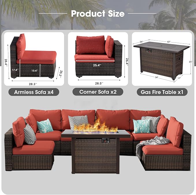 Grezone Patio Furniture Set,7 Piece Patio Furniture Set with Fire Pit Table,PE Wicker Rattan Sectional Sofa Patio Conversation Set with Thickened Cushions, Red