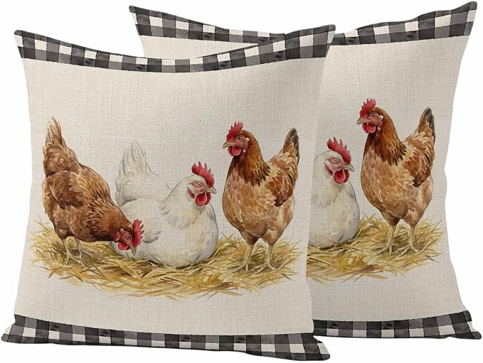 Farmhouse Rooster Outdoor Waterproof Pillow Covers, Farm Chicken Animals Retro Buffalo Plaid Decorative Square Throw Pillowcase Sofa Cushion Sham for Patio/Couch/Chair, 24"x24" 2 Pack