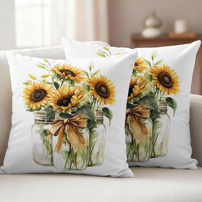 Sunflower Outdoor Waterproof Throw Pillow Covers Set of 2, 18"x18", Summer Watercolor Flower Bottle Retro Farm Decorative Pillow Covers Outside Cushion Case for Patio Porch Garden