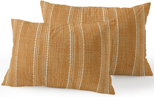 Waterproof Outdoor Pillow Set of 2 Orange Linen Stripes Decorative Throw Pillows Cover & Insert 20x12 Inch Lumbar Pillowcase Parallel Vertical Lines Pillows for Couch Sofa Bed Patio Furniture