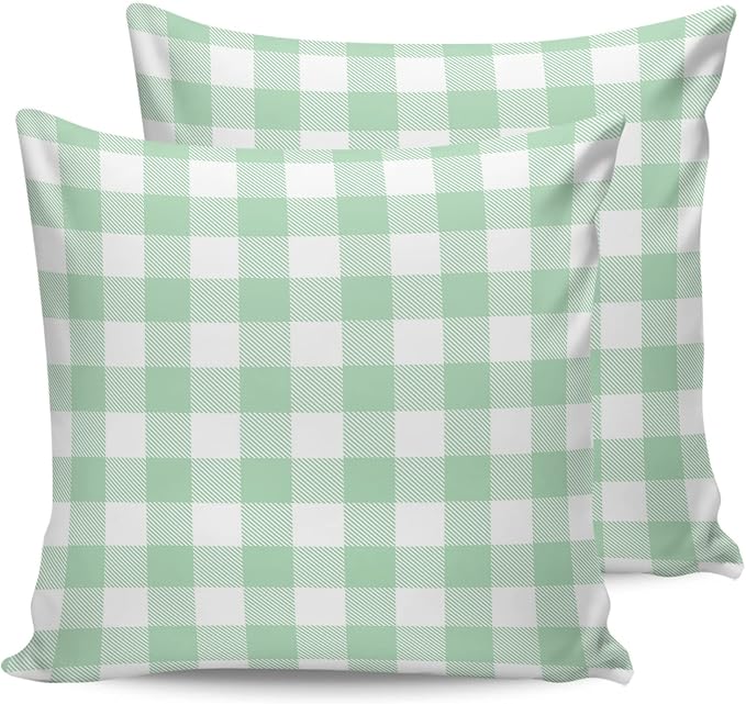 Outdoor Waterproof Throw Pillow Covers Set of 2 Light Green Buffalo Check Plaid Pillowcases 24x24 Inches Farmhouse Style Patio Decorative Pillows Cushion Case Patio Pillows for Couch Bed Chair Garden