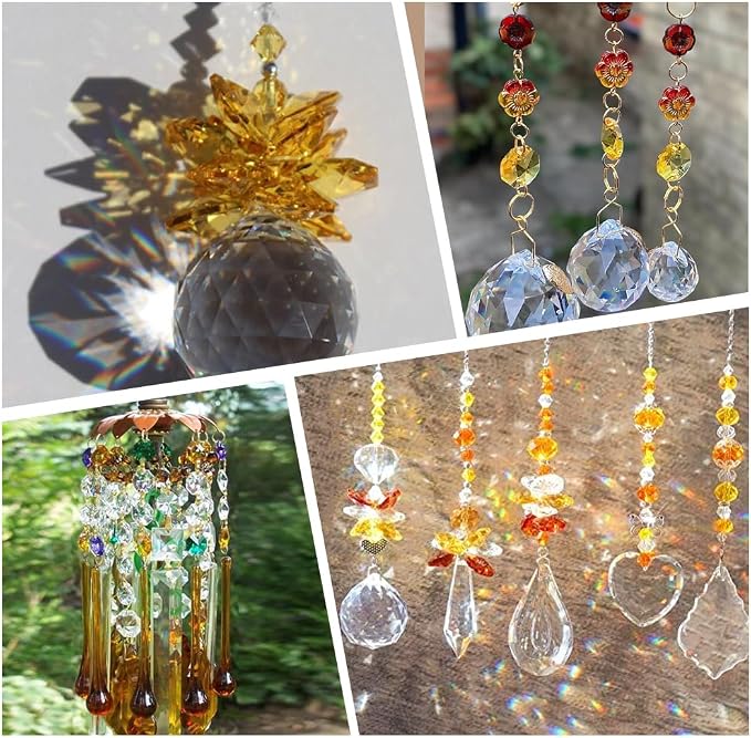 1 Box 120Pcs 14mm Crystal Glass Octagon Beads 2 Hole Prism Bead Bulk Yellow Glitter Chandelier Replacement Connector Suncatcher Faceted Spacers for DIY Lamp Hanging Ornament Pendant Adults