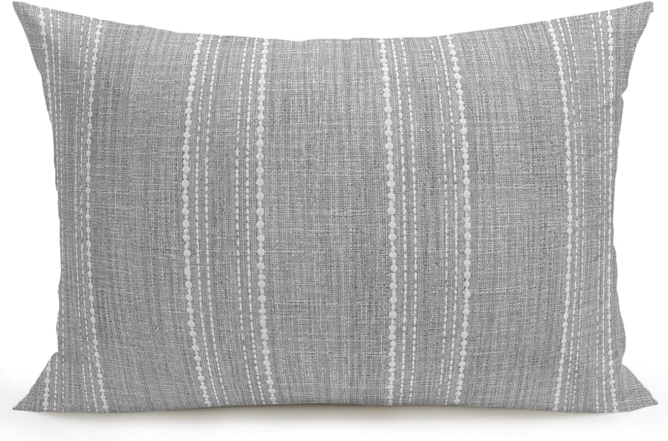 Vandarllin Waterproof Outdoor Pillow 1 Pack Gray Linen Stripes Decorative Throw Pillows Cover & Insert 20x12 Inch Lumbar Pillowcase Parallel Vertical Lines Pillows for Couch Sofa Bed Patio Furniture