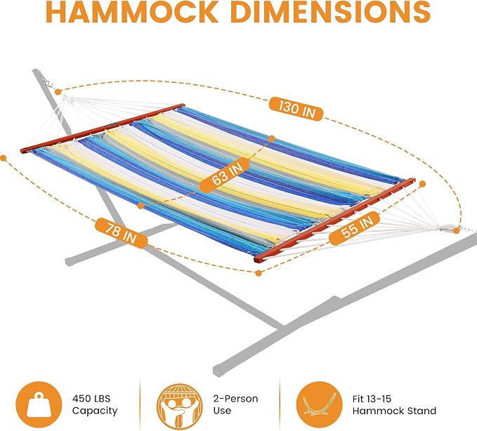 Lazy Daze Hammocks Cotton Fabric Double Hammock with 55" Spreader Bar, Portable Camping Hammock with Carrying Bag & Tree Straps for Patio, Backyard, Balcony, 450lbs Capacity, Blue & Yellow