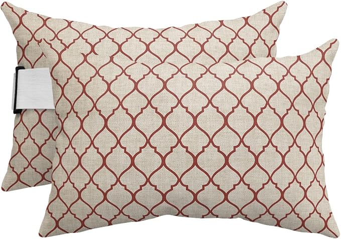 Outdoor Pillows Covers with Inserts Rustic Moroccan Geometric Quatrefoil Red Lattice Waterproof Pillow with Adjustable Strap Throw Pillows for Patio Furniture Recliner Lounge Chair, 11x16 inch, 2PCS