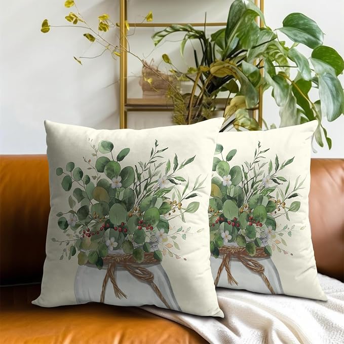 Eucalyptus Leaf Throw Pillow Covers 22x22 in Set of 2 Spring Green Leaves White Floral Jar Holiday Farmhouse Square Pillowcases Cushion Cover for Couch Bed Sofa Outdoor Patio Décor