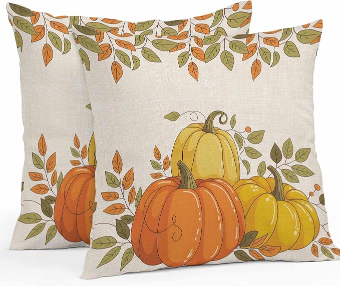 Orange Pumpkins Outdoor Waterproof Pillow Covers, Fall Yellow Leaves Vintage Beige Rustic Decorative Square Throw Pillowcase Sofa Cushion Sham for Patio/Couch/Chair, 26"x26" 2 Pack