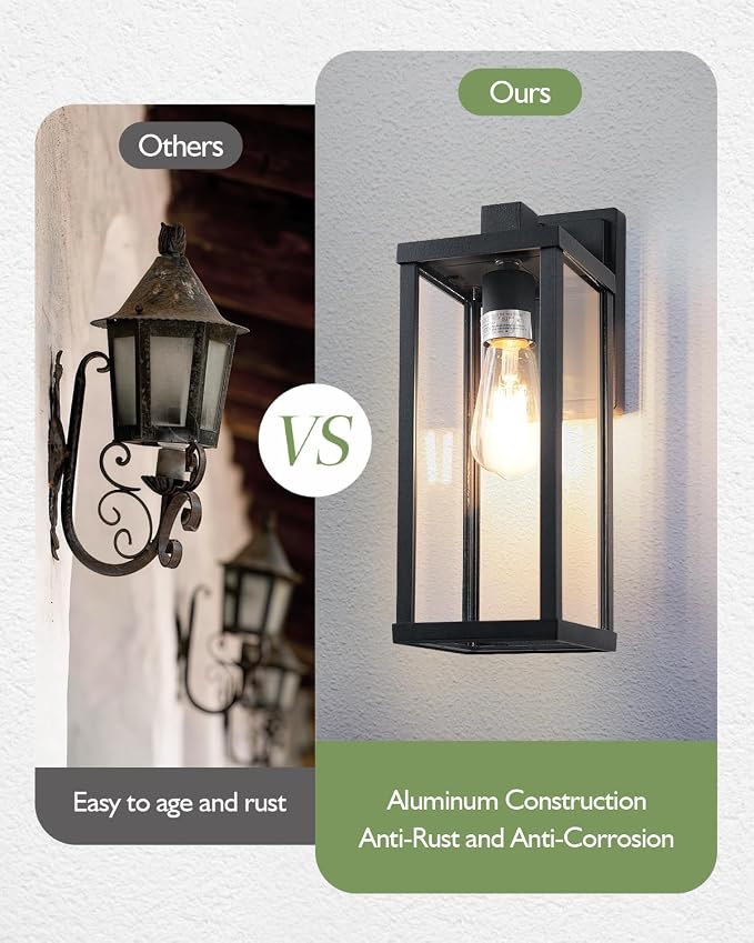 LITFIT 14'' Dusk to Dawn Outdoor Lighting, Die-Casting Aluminum Exterior Wall Sconces, Hardwired Black Outside Lighting for House, Garage, Porch,Front Door, Patio, 2-Pack, Bulbs Not Included
