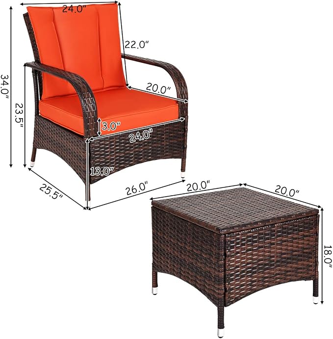 Tangkula 3 Piece Patio Furniture Set, 2 Wicker Chairs with Glass Top Coffee Table, Outdoor Garden Porch Poolside Furniture Set for 2, Rattan Conversation Set