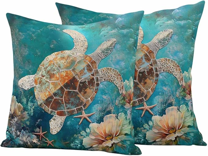 Ocean Turtle Outdoor Waterproof Throw Pillow Covers Set of 2, 24"x24", Marine Life Retro Starfish Coral Abstract Decorative Pillow Covers Outside Cushion Case for Patio Porch Garden