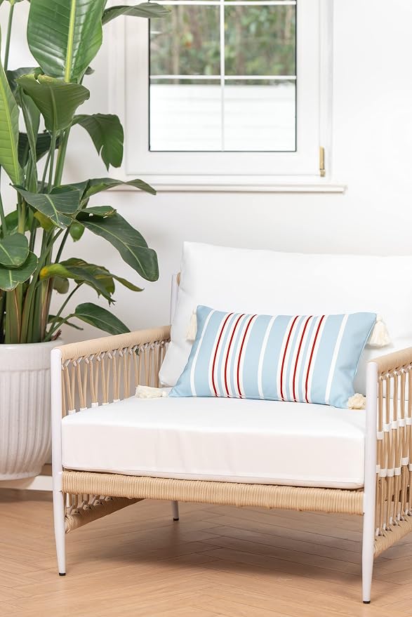Hofdeco Premium Coastal Hampton Style Patio Indoor Outdoor Lumbar Pillow Cover Only, 12"x20" Water Resistant for Backyard, Couch, Baby Blue Red Stripe Tassel