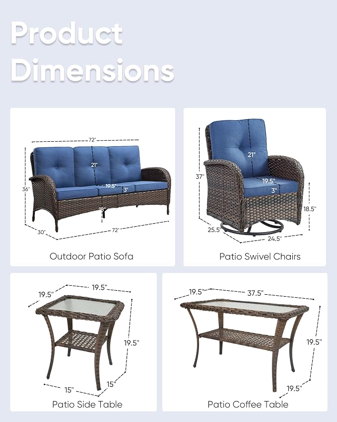 5 Pieces Wicker Patio Furniture Set-Outdoor Swivel Rocker Patio Chairs Patio Sofa Set with Tempered Glass Top Outdoor Coffee Table for Deck Lawn Porch Balcony Poolside-Brown/Blue