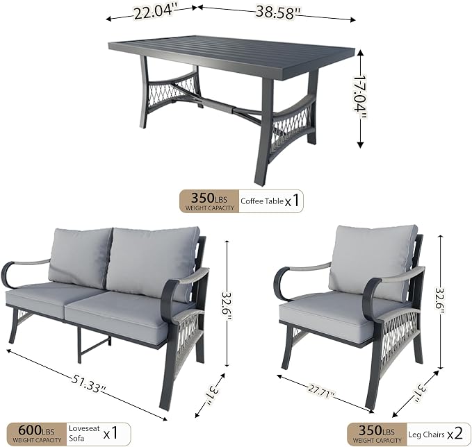 4 Pieces Patio Furniture Set, Metal Outdoor Conversation Sets with Coffee Table, Modern Couch Sofa Set Includes Single Chairs and Loveseat Seating Group (Thick Gray Cushions)