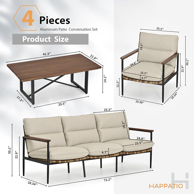 HAPPATIO 4-Piece Outdoor Furniture Set, Aluminum Patio Converation Set with Wicker Seat and Acacia Wood Armrest, 3-Seat Sofa Set with Olefin Cushion and Wood Table for Garden Lawn Backyard