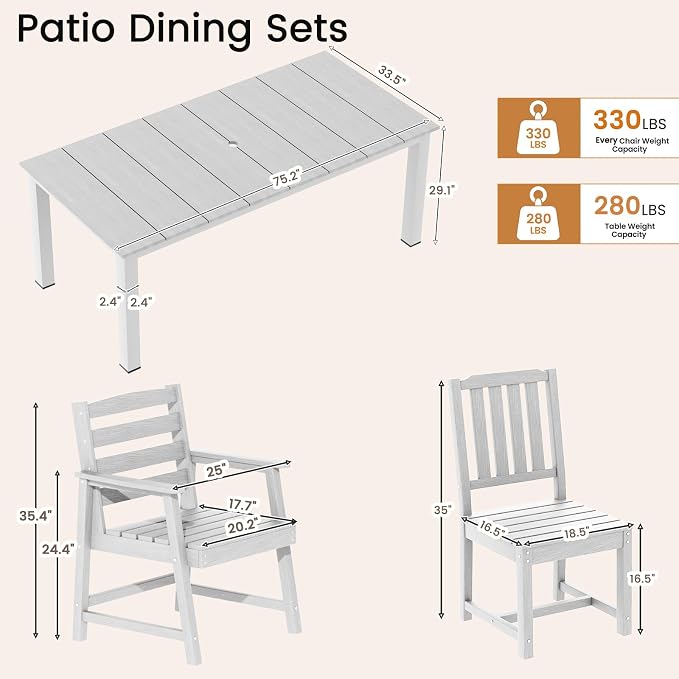 Ayge 9-Piece Outdoor Dining Set – HDPE Patio Furniture for 8 with 2" Hole Cut-Out Table & 8 Chairs, Perfect for Pool, Patio, Garden, White