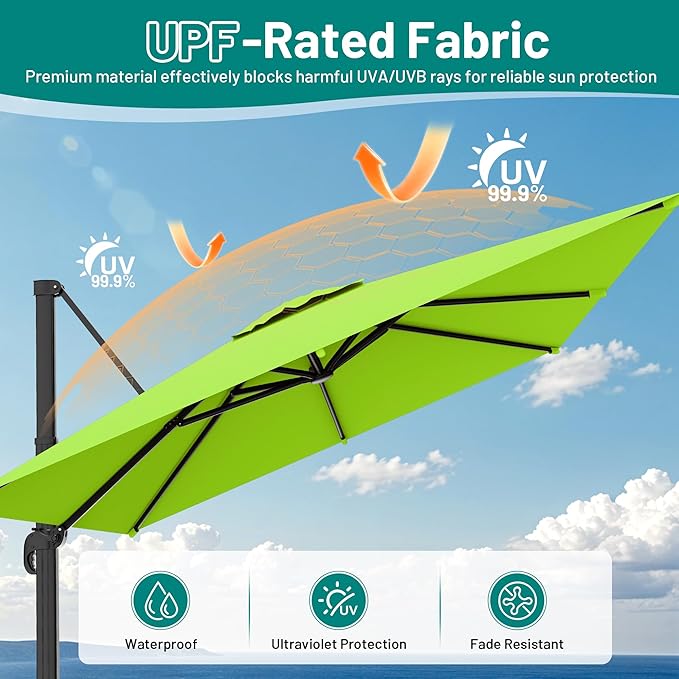 AreShark 10 × 10FT Square Cantilever Patio Umbrella with Base Included, 360° Rotation Offset Outdoor Umbrella, 5 Tilt Settings Heavy Duty Hanging Parasol for Deck Garden Pool, Apple Green