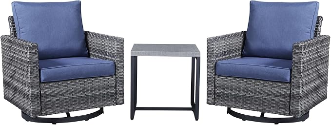 Belord Outdoor Bistro Set 3 Piece Wicker Swivel Rocker Patio Chairs, Oversize Outdoor Rattan Seating Set, Patio Swivel Glider Chairs Wicker Furniture with Metal Side Table for Outside Porch Backyard