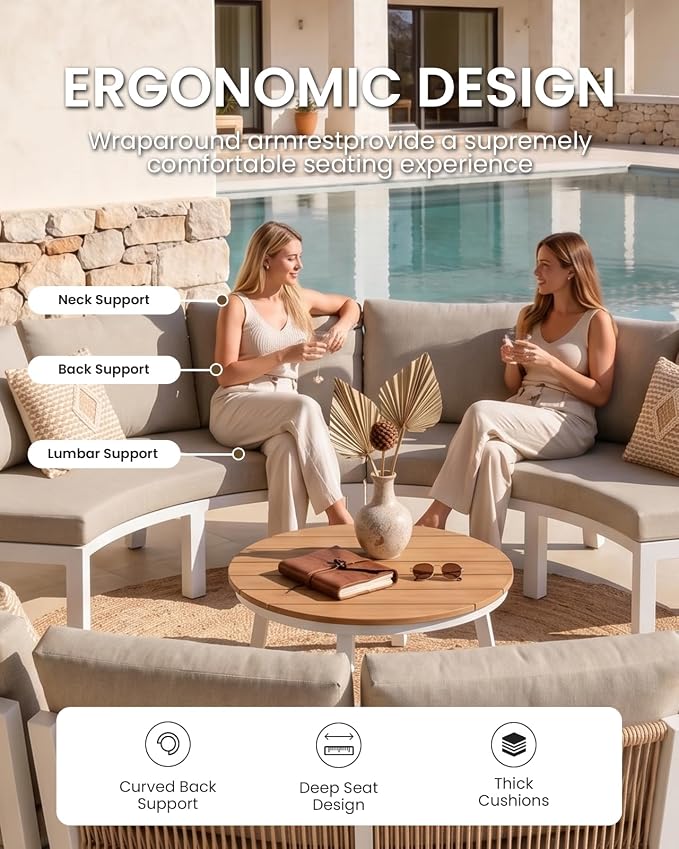Half Moon Outdoor Patio Furniture Set, Aluminum Curved Patio Conversation Sets, Luxury Outdoor Sectional with PE Rope, All-Weather 7 Pcs Outdoor Couch with Coffee Table & Cushions, White
