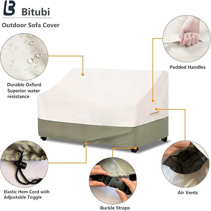 Bitubi Waterproof Patio Sofa Cover, Heavy Duty 3-Seater Outdoor Couch Cover Size Up to 79W x 38D x 35H Inches, Lawn Patio Furniture Covers with Air Vent (Beige)