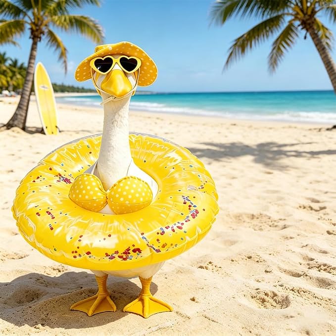 Hawaiian Porch Goose Outfits with Hat Sunglasses & Swim Ring, Summer Bikini Goose Outfit Clothes Costume Fits 23" Cement Geese Statue, Summer Garden Lawn Patio Yard Outdoor Decor (Summer style-Yellow)