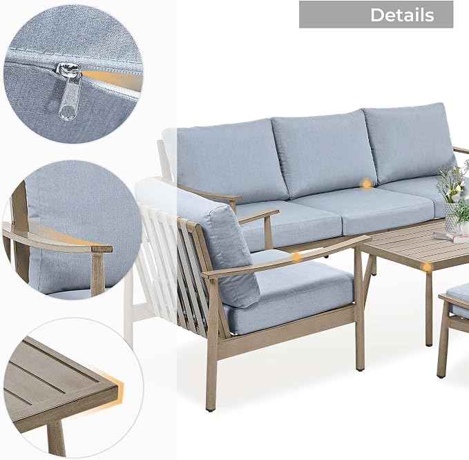 HAPPATIO Patio Outdoor Furniture Set - 6 Pieces Aluminum Outdoor Conversation Set with 1 Three-Seater Sofa, 1 Coffee Table, 2 Armchairs, and 2 Ottomans for Yard, Porch, and Deck (Brown)