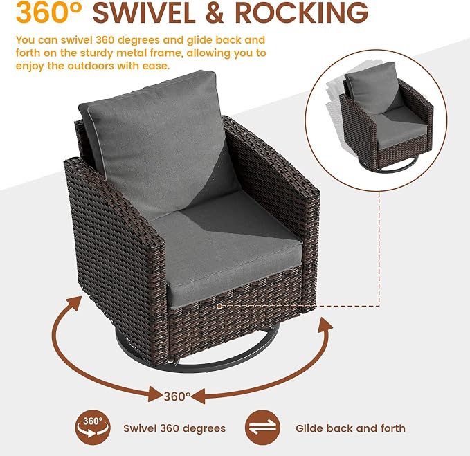 UDPATIO Patio Furniture Set, 6 Pieces Outdoor Sectional Couch with Swivel Rocking Chair, Brown Wicker Rattan Conversation Sofa, 4" Thick Cushion for Garden Backyard Deck, Dark Grey