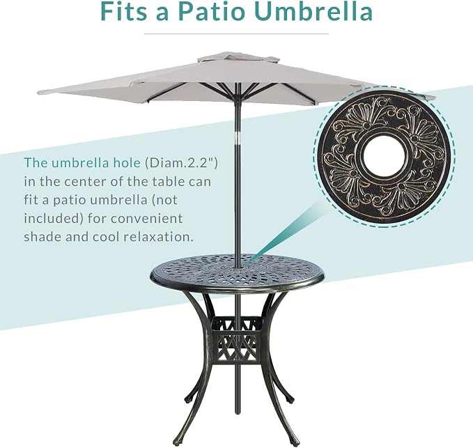 MEETWARM 3-Piece Outdoor Patio Dining Set, All-Weather Cast Aluminum Patio Conversation Set for Backyard Garden Deck with 2 Cushions Swivel Rocker Chairs and 31" Round Table, 2.2" Umbrella Hole