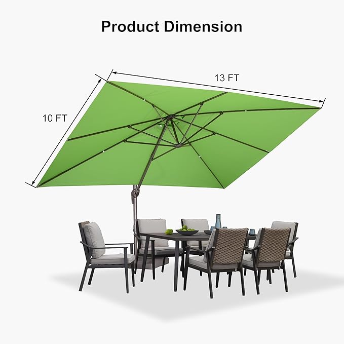 PURPLE LEAF 10' X 13' Patio Cantilever Umbrella with Base Rectangle Umbrella Outdoor with Aluminum Offset Antique Bronze Hanging and 360° Rotation for Pool Garden Deck Patio, Green