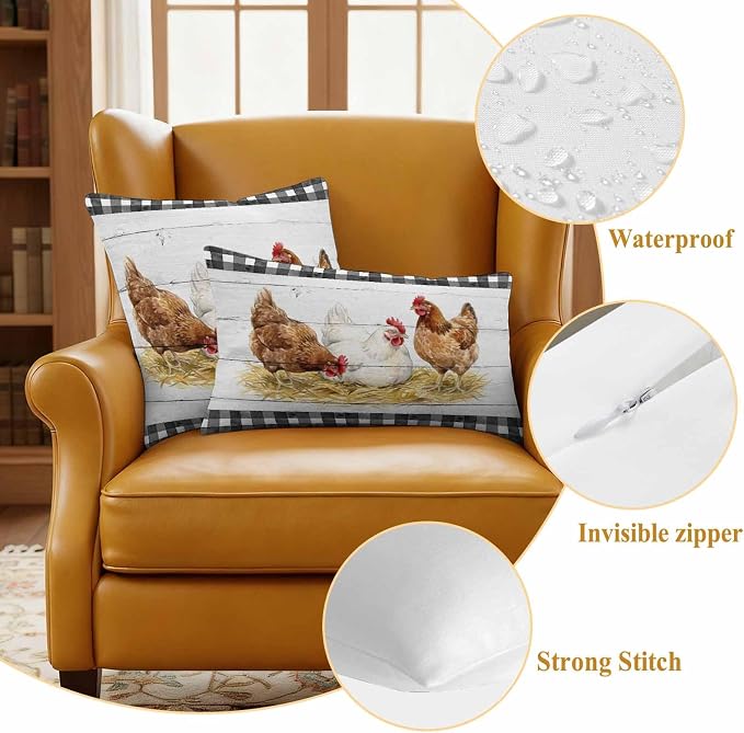 Farmhouse Rooster Outdoor Waterproof Pillow Covers, Farm Chicken Animals Retro Grey Wooden Decorative Square Throw Pillowcase Sofa Cushion Sham for Patio/Couch/Chair, 18"x18" 2 Pack