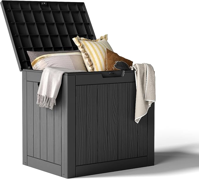 30 Gallon Waterproof Resin Deck Box, UV Resistant Outdoor Storage for Garden, Patio, Porch, Delivery,Striped Black