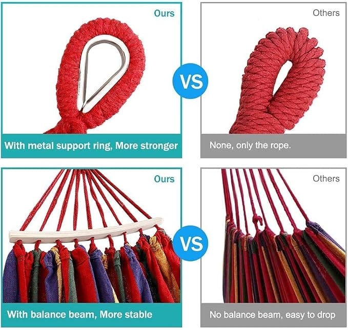 Portable 2 Person Hammock Colorful Stripe Hammocks Swing with Spreader Bar Carry Bag for Patio Lawn Garden Camping,Beach,Backyard, Outdoor Indoor (Red)(Cotton)