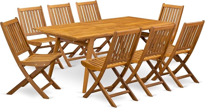 East West Furniture DEDK9CWNA 9 Piece Outdoor Patio Dining Sets Includes a Rectangle Acacia Wood Table and 8 Folding Side Chairs, 40x72 Inch, Natural Oil