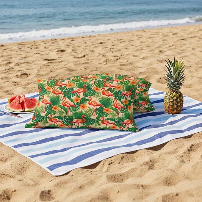Red Flamingos Outdoor Pillow Covers 20"x12" Set of 2, Jungle Plants Hibiscus Flower Green Leaf Botanical Waterproof Throw Pillow Covers for Patio Furniture, Decorative Cushion Covers for Porch