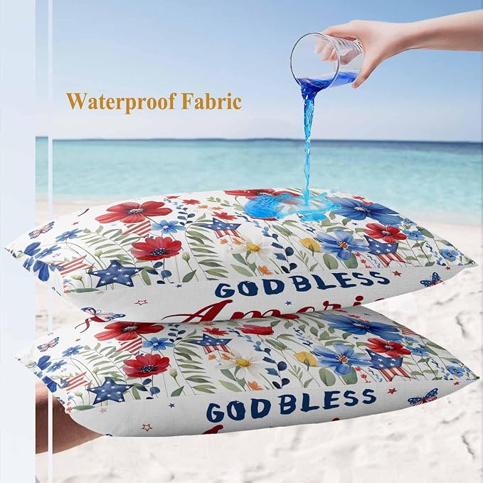God Bless USA Outdoor Waterproof Throw Pillow Covers Set of 2, 20"x12", Red Blue Daisy Butterfly Independence Day Decorative Pillow Covers Outside Cushion Case for Patio Porch Garden