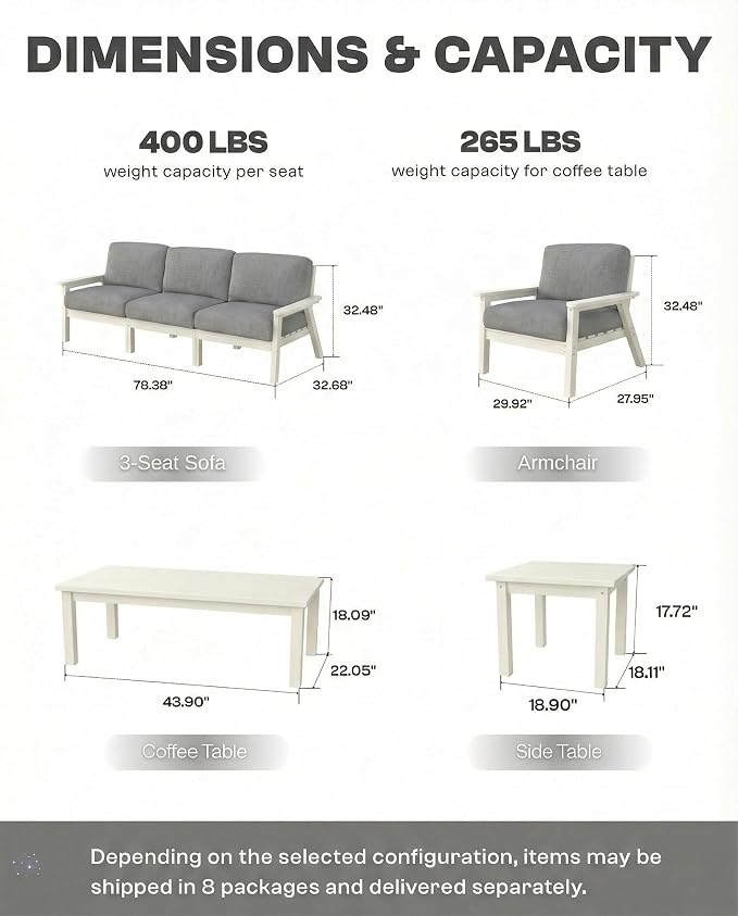 7 Piece HDPE Outdoor Furniture Set with Gray Cushions (White Frame) | All-Weather HDPE, Modular Design, Extra-Deep Seating, Thick Cushions, Ideal for Backyard, Deck & Porch