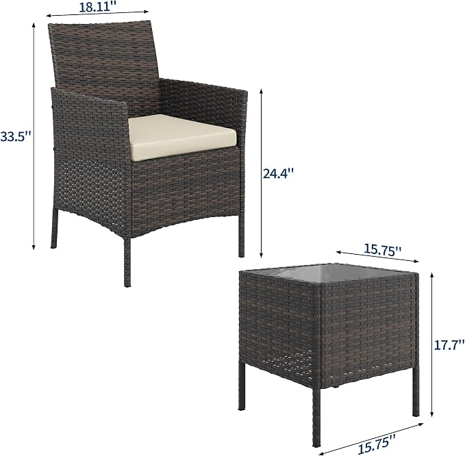 3-Piece Outdoor Furniture Set, PE Rattan Wicker Chairs with Soft Cushions & Tempered Glass Coffee Table - All-Weather Patio Set for Garden, Backyard, Porch, Poolside (Gradient Brown/Beige)