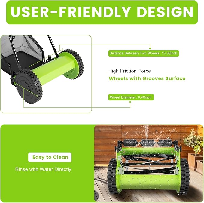 Manual Push Reel Lawn Mower with 5 Steel Blades & 6-Gallon Grass Catcher, 12" Cutting Width, Adjustable Height, Durable Push Lawn Sweeper with Anti-Slip Wheels for Yard/Garden