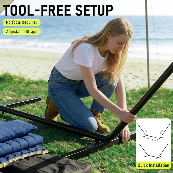 FULIYE Double Hammock with Stand for Outdoor，2 Person Heavy Duty Portable Hammock with Adjustable Steel Stand and Balance Ropes Included – for Patio, Backyard, Garden, Beach (Purplish Blue)