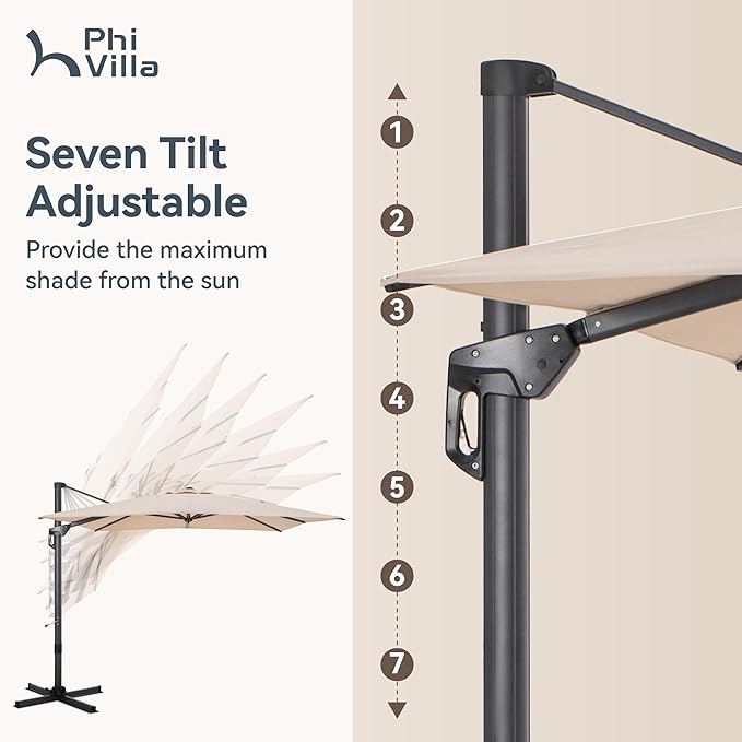 PHI VILLA 10ft Patio Umbrella with Base 360° Rotation & 7-Level Tilt Outdoor Cantilever Umbrella with Easy Crank Handle. Square Offset Umbrella Heavy Duty for Garden Poolside Backyard (Beige)