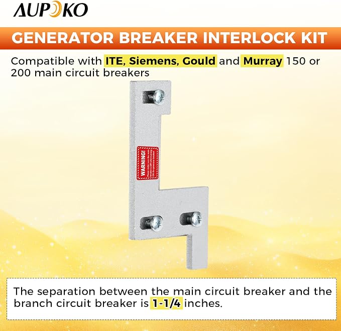 Aupoko Generator Interlock Kit Compatible with ITE, Gould, Murray, Siemens 150 or 200 Amp Panel, Electrical Interlock Kit, 1 1/4 Inch Spacing Between Main Circuit Breaker and Generator Circuit Breaker
