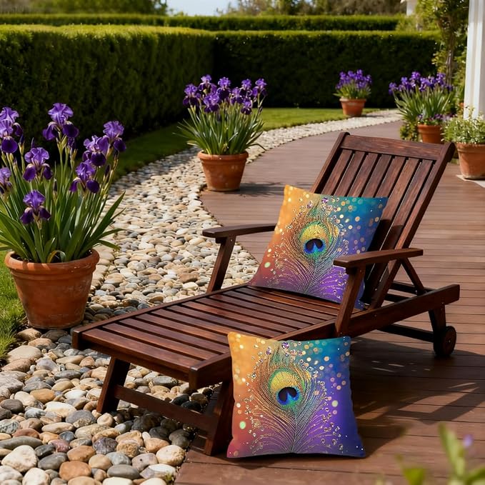 20x20 Inch Outdoor Pillow Covers Set of 2 Waterproof Throw Pillow Covers Decorative Couch Cushion Covers Peacock Feather Rainbow Square Pillowcases Protectors for Patio Garden Sofa
