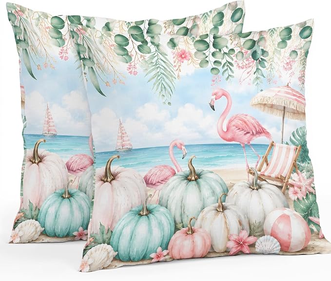 Coastal Fall Throw Pillow Covers 24x24 Inch Set of 2, Thanksgiving Waterproof Outdoor Pillow Covers, Flamingo Pumpkins Eucalyptus Decorative Cushion Pillowcases for Couch, Sofa, Bed, Garden, Patio