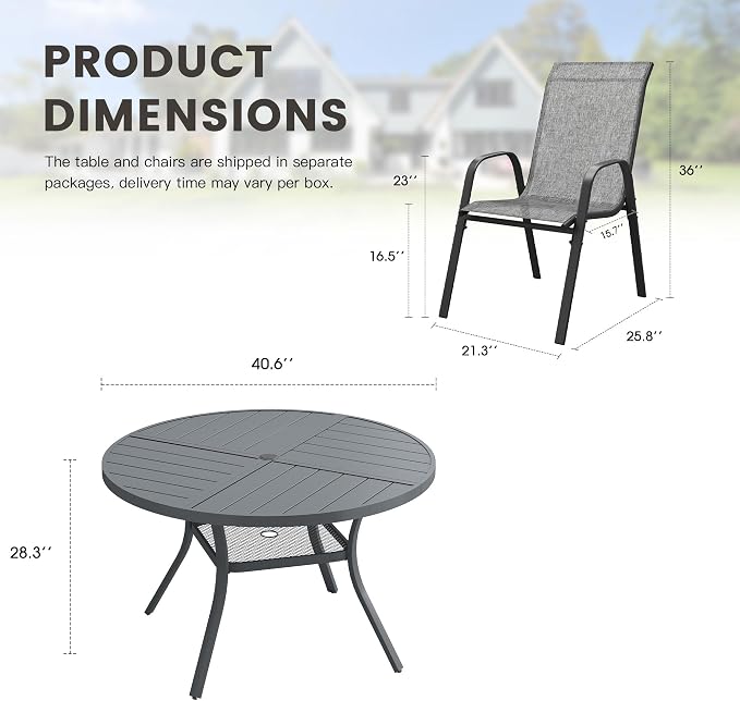 5 Pieces Outdoor Dining Set, 40.7" Spliced Patio Table with Umbrella Hole & Stackable Outdoor Dining Chairs, Patio Furniture Set for Deck Garden Porch, Grey Chairs & Dark Grey Table