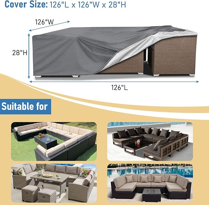 AKEfit Patio Furniture Covers,500D Heavy Duty Waterproof for Outdoor Square and Retangle Patio Table and Chair Covers, Grey -126"L x 126"W x 28"H