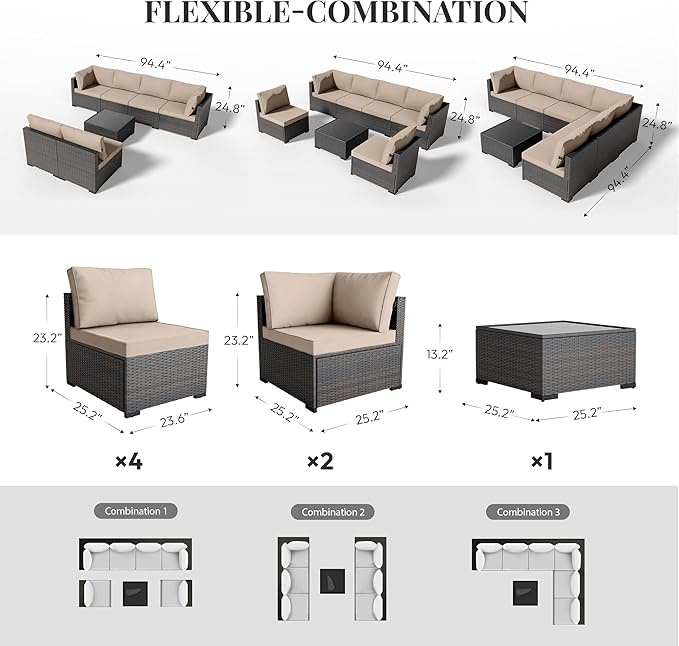 WWR Patio Furniture Set 7 Piece - All-Weather - Wicker Rattan Patio Outdoor Conversation Set, Modular Sectional Sofa for Backyard, Garden, Poolside, Balcony, Porch, Patio, Brown/Khaki