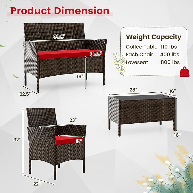 HAPPYGRILL 4pcs Patio Furniture Set Rattan Wicker Conversation Set with Tempered Glass Top Table, Outdoor Wicker Sofa Set with Removable Cushions for Poolside Garden Backyard