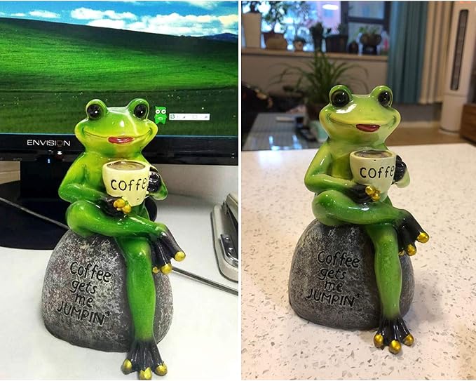 OwMell Frog Statue for Garden Decor, Drinking Coffee Green Frog Figurine | This creative frog ornament brings a lot of vigour to your yard or garden. Garden Decoration Resin Sculpture 6 Inches Gift