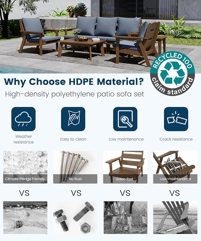 FOOWIN 7-Piece Patio Furniture Set, HDPE All-Weather Outdoor Conversation Set with Thick Cushions, Sectional Patio Sofa Furniture for Deck, Porch, Lawn, Garden, Brown Frame & Grey Cushion